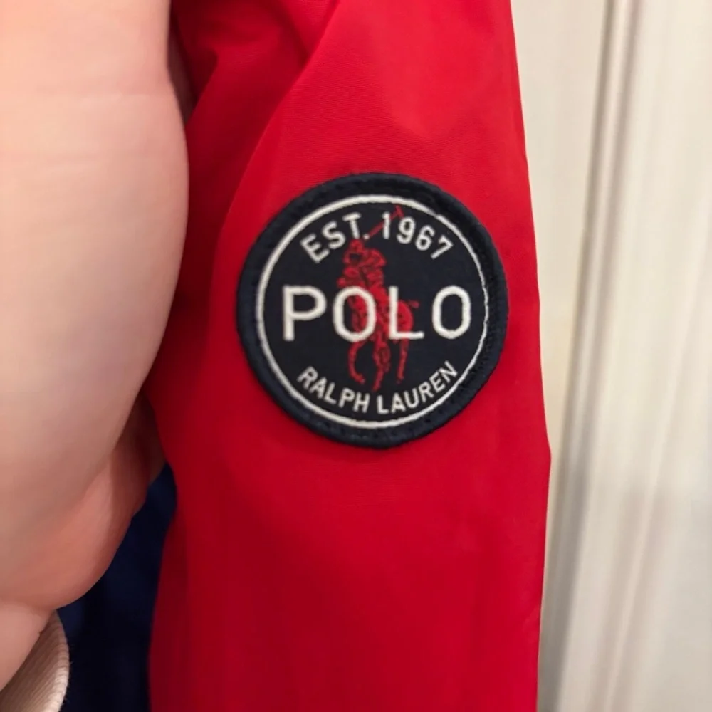 Polo Ralph Lauren Red Blue Hooded Full Zip Windbreaker Rain Winter Jacket Men L